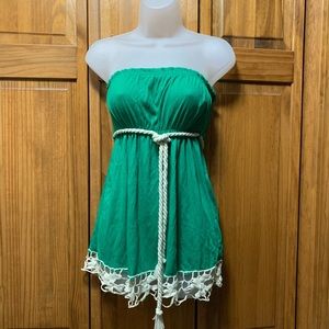 Green strapless long shirt- scrunch top- rope belt